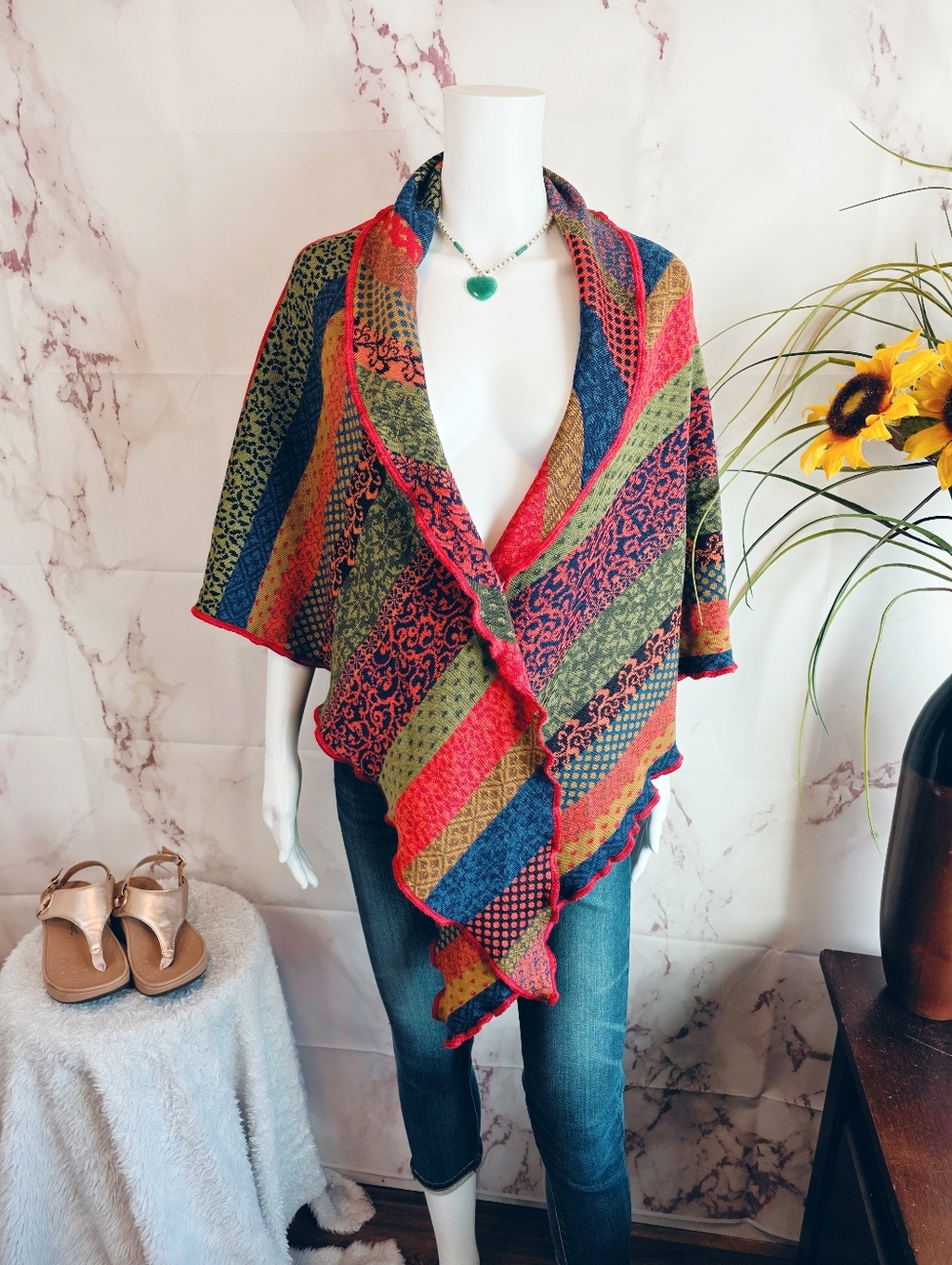 Invero Merino Wool Shawl Wrap One Size German Knit Colorful Boho - Picture 4 of 7
